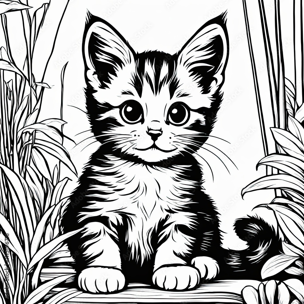 Fototapeta premium A line art black-and-white illustration of a cute kitten.