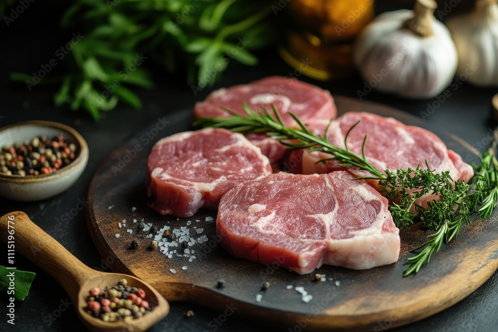 Four raw beef steaks on wooden board, seasoned with herbs. Perfect for restaurant menus or culinary blogs showcasing fresh meat. Four raw beef steaks on wooden board, seasoned with herbs. Perfect for restaurant menus or culinary blogs showcasing fresh meat.