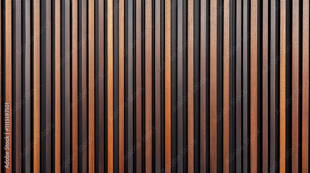 Obraz premium Vertical wooden slats in varying shades of brown and dark brown. Ideal for backgrounds, architectural designs, or modern interior concepts.