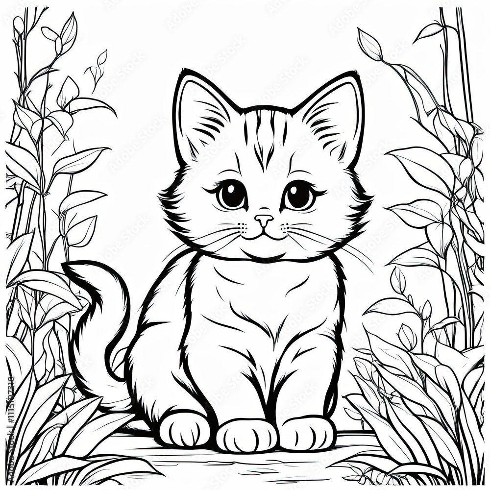 Obraz premium A line art black-and-white illustration of a cute kitten.