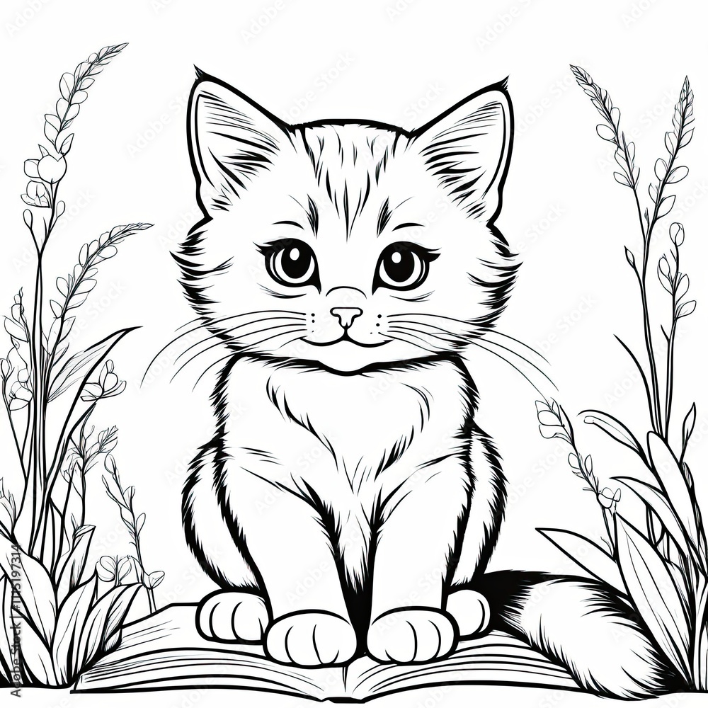 Obraz premium A line art black-and-white illustration of a cute kitten.