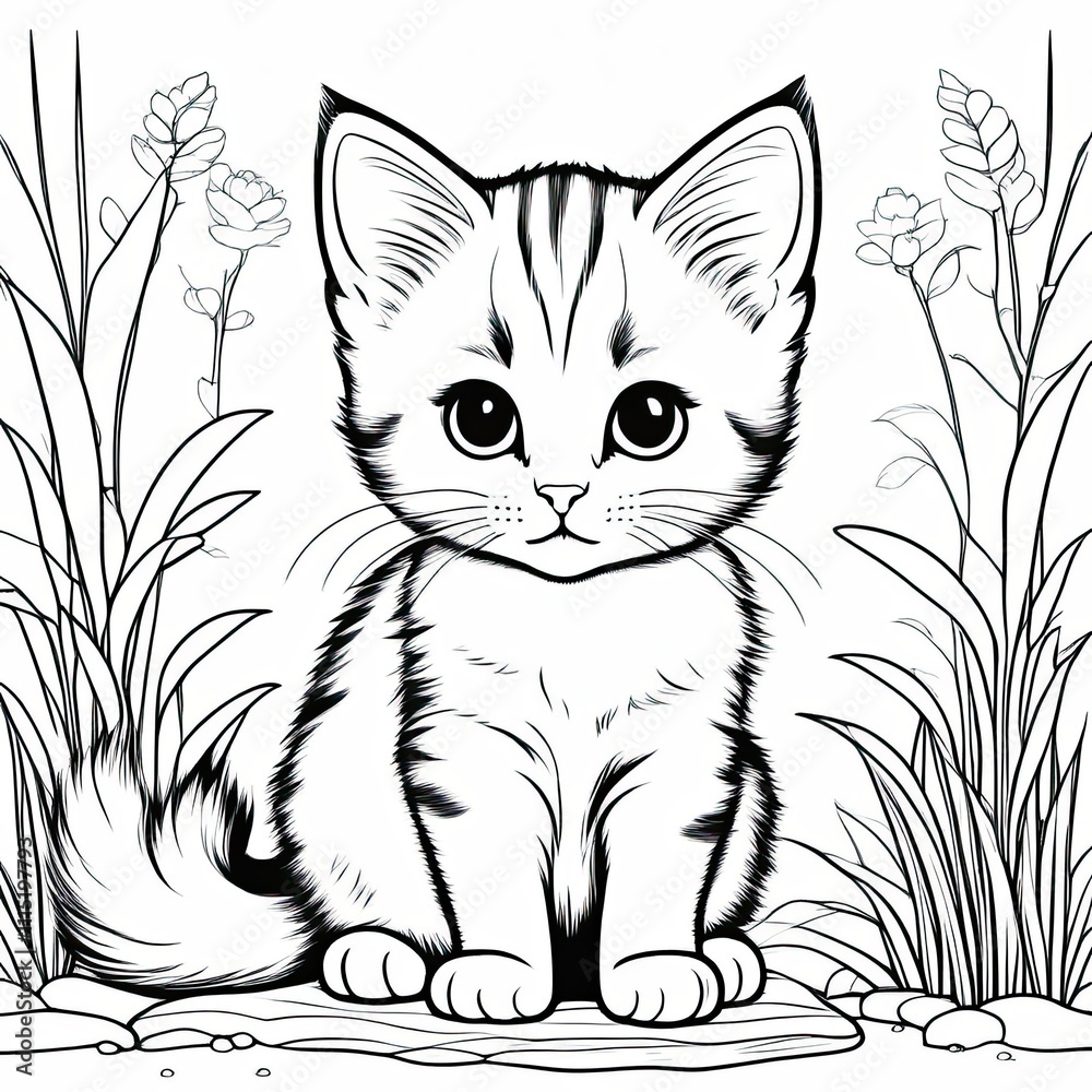 Obraz premium A line art black-and-white illustration of a cute kitten.