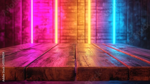 Wooden table lit by neon lights; vibrant pink, orange, and blue hues. Perfect for product displays, showcasing vibrant, trendy aesthetics, and nightlife themes.