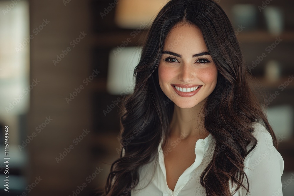 Portrait of smiling woman office setting long wavy dark hair white blouse warm lighting Portrait of smiling woman office setting long wavy dark hair white blouse warm lighting