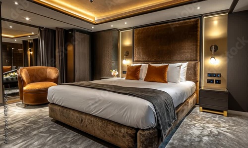 A luxurious hotel bedroom featuring a plush bed, elegant decor, and cozy seating.