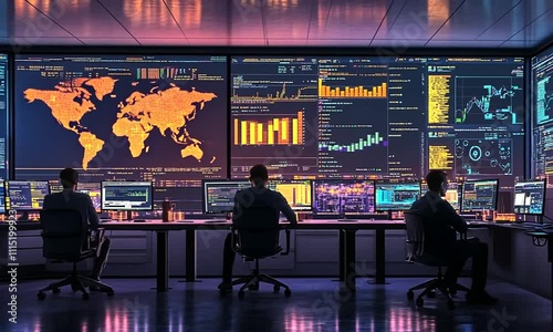 A high-tech control room with multiple screens displaying data and analytics.