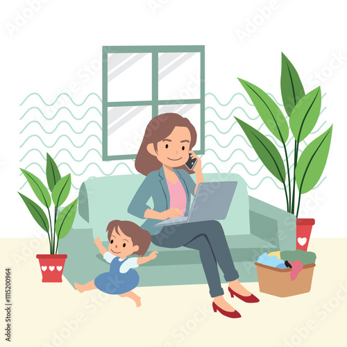 Ilustration vector of a busy mom balancing work and family, expertly multitasking with a laptop while caring for her child