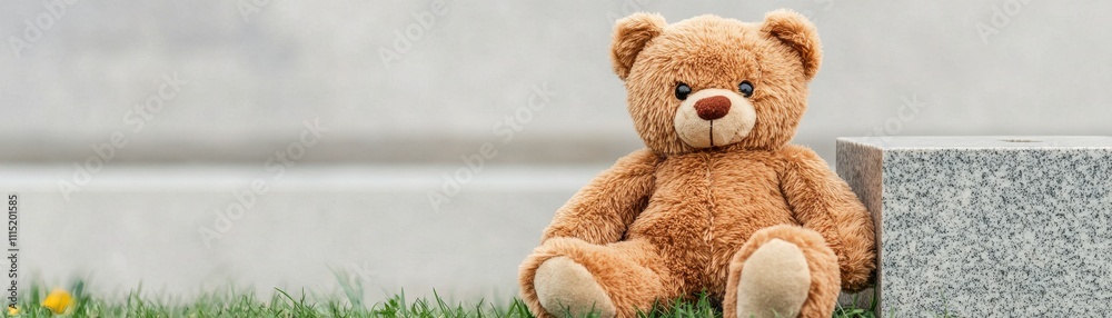 Obraz premium Always loved and remembered. A cute teddy bear sitting on grass near a monument.