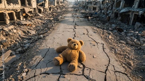A teddy bear lies abandoned on a cracked road, symbolizing loss and innocence amidst destruction, evoking deep emotions of hope and despair.