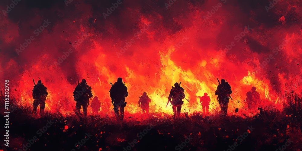 Fototapeta premium Silhouetted Soldiers March Through Fiery Inferno