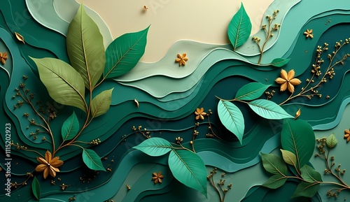 illustrated composition of lush, tropical foliage. The scene features an array of exotic-looking leaves and vines, rendered in a naturalistic yet stylized manner, creating a captivating botanical  photo