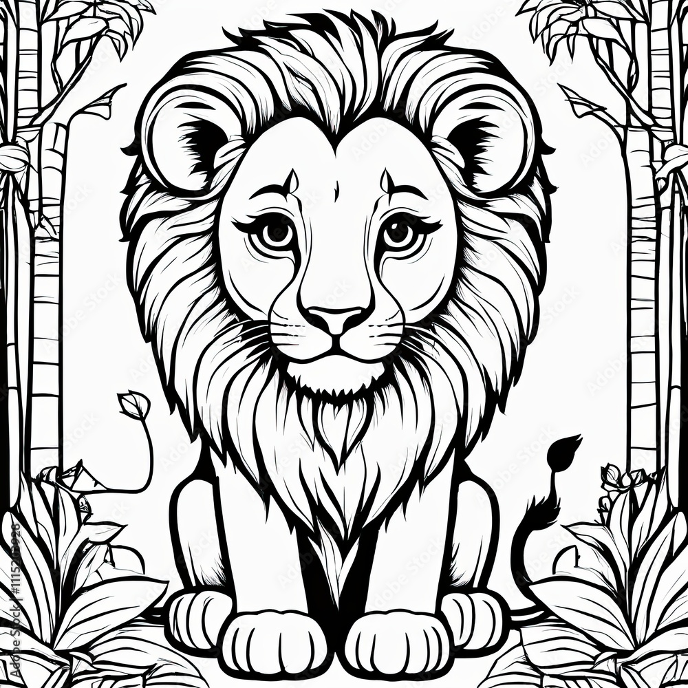 Obraz premium A line art black-and-white illustration of a cute Lion