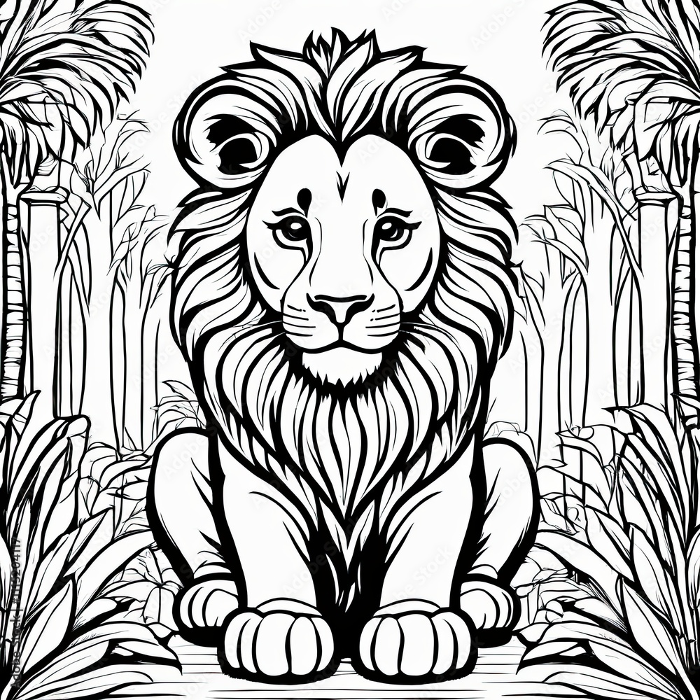 Obraz premium A line art black-and-white illustration of a cute Lion