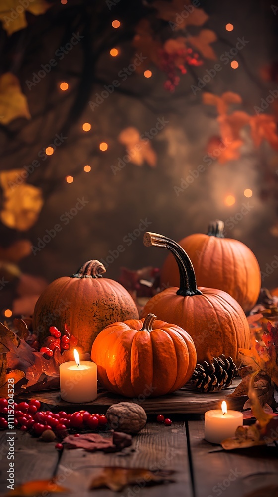 Fototapeta premium Thanksgiving Feast Setup, Warm Earthy Thanksgiving Table Decor with Pumpkins