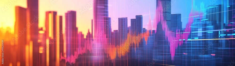 Urban Skyline Illuminated by Vibrant Digital Data Analytics in the Twilight, Showcasing Growth and Technology Integration in a Bustling Metropolis Urban Skyline Illuminated by Vibrant Digital Data Analytics in the Twilight, Showcasing Growth and Technology Integration in a Bustling Metropolis