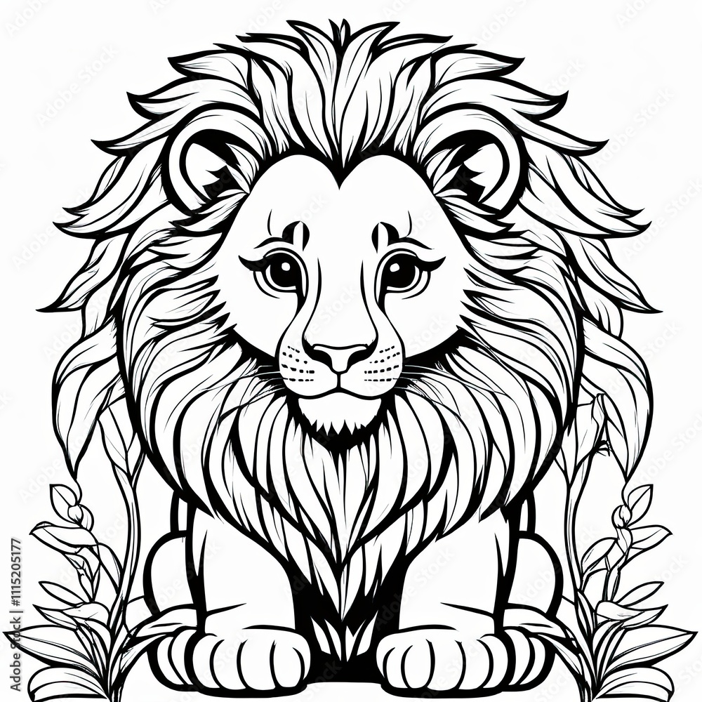 Fototapeta premium A line art black-and-white illustration of a cute Lion