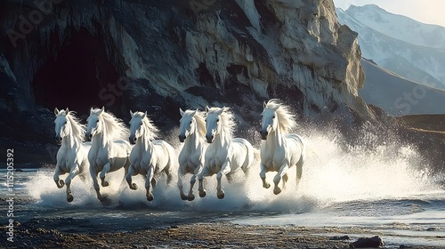 Seven running white horses wall painting mountain morning view background. Majestic and powerful scene with splashing effects. Wallpaper concept. photo