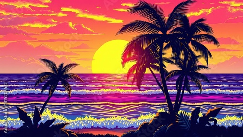 Vibrant Sunset Beach Scene with Palm Trees: Perfect for Tropical Wall Art, Beach Themed Decor, or Summer Vibes