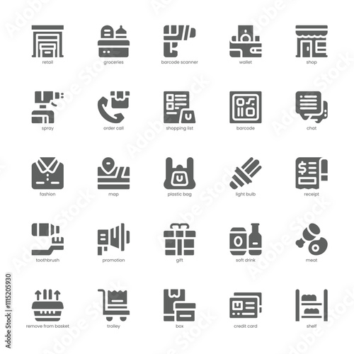 Retail Industry icon pack for your website, mobile, presentation, and logo design. Retail Industry icon glyph design. Vector graphics illustration and editable stroke.