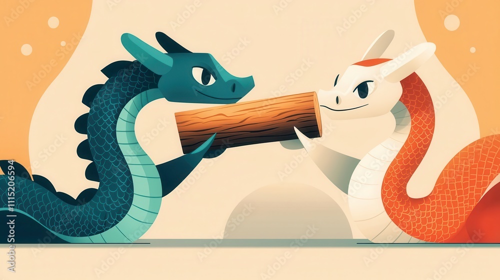 Fototapeta premium Dragon in motion, delivering wood to a snake, mythical collaboration, flat design illustration