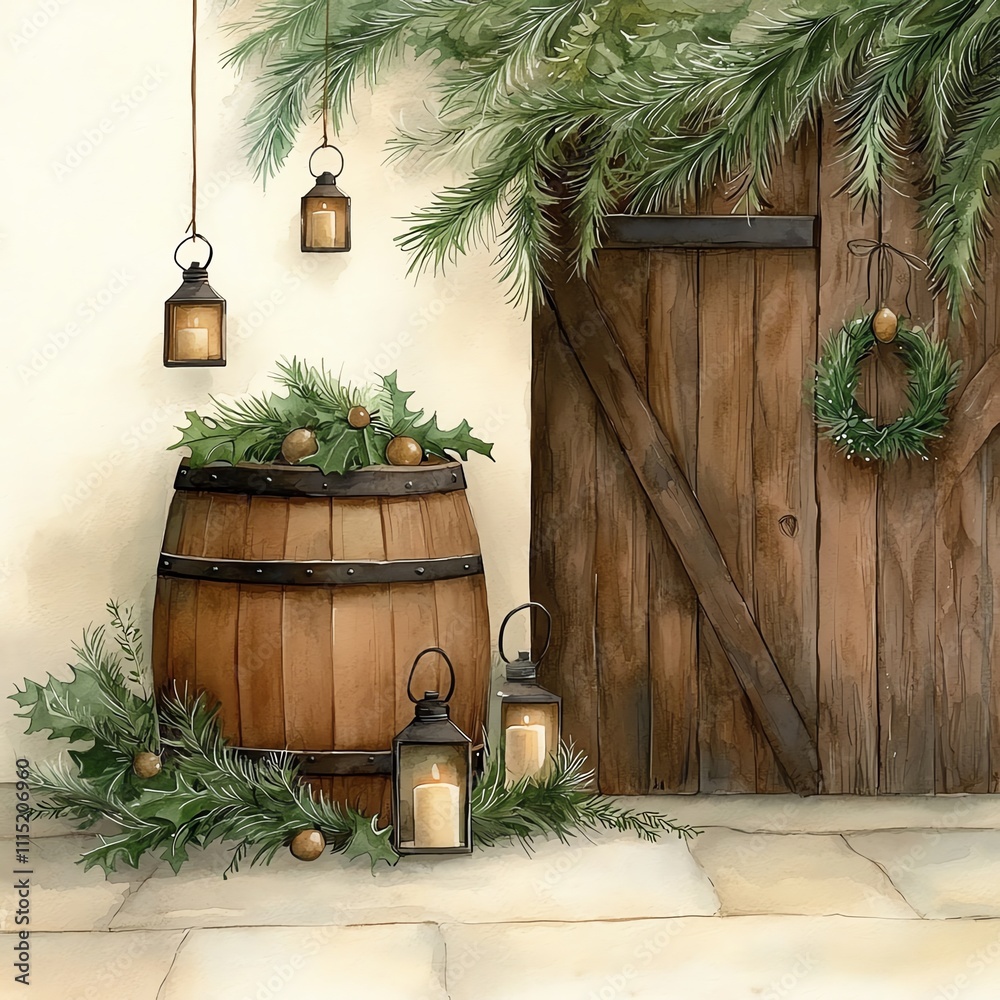 Naklejka premium A wooden barrel with lanterns and greenery beside a rustic door, creating a cozy ambiance.