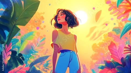 A vibrant illustration of a girl amidst colorful foliage, radiating positivity and wonder.