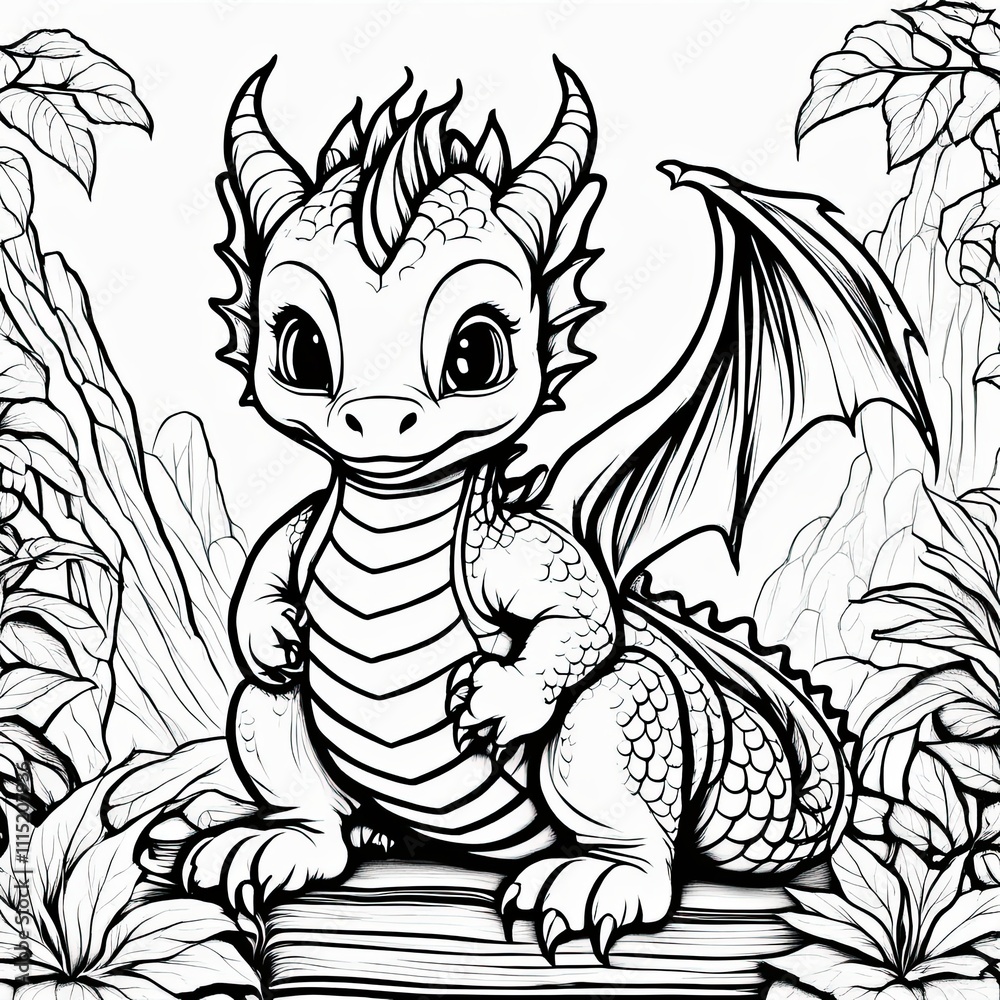 Obraz premium A line art black-and-white illustration of a cute Dragon