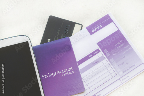 mobile phoen, withdraw, passbook bank for deposit for business work arrangement flat lay style on background white 