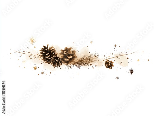 Artistic arrangement of pine cones and winter elements on a white isolated background. photo