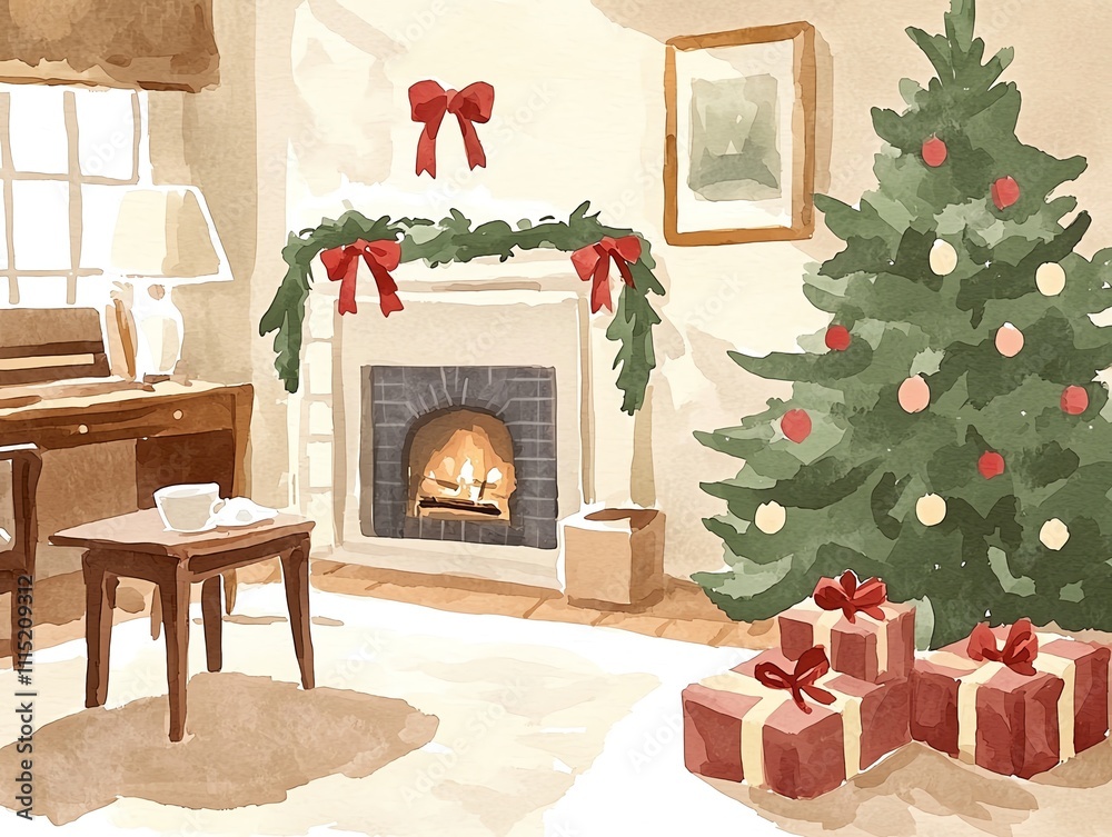 Obraz premium Cozy holiday living room with a Christmas tree, decorations, and a warm fireplace.