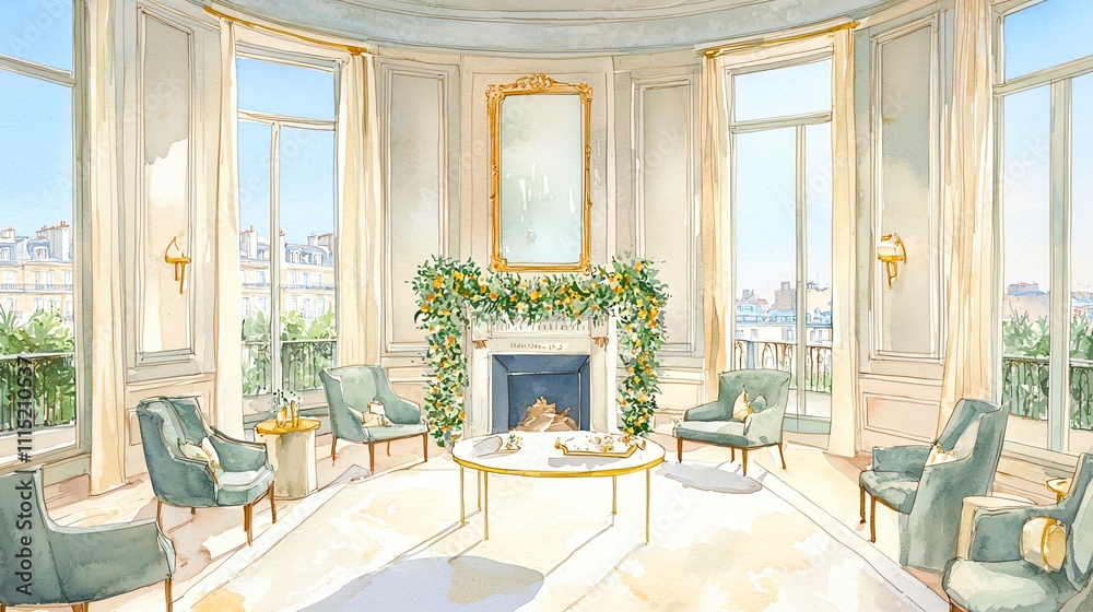 Obraz premium Elegant and bright living room with classic decor, large windows, and a cozy fireplace adorned with greenery.