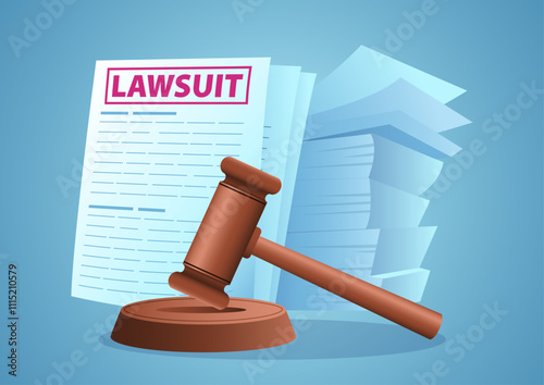 Vector illustration featuring a gavel alongside lawsuit documents. Ideal for legal, law firm, justice, legal proceedings, judiciary and courtroom related themes