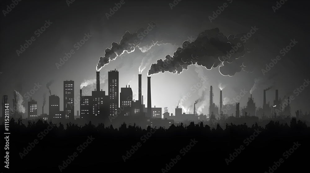 Silhouetted industrial factory structures with smoke stacks releasing dark polluted fumes into the hazy smoggy sky Silhouetted industrial factory structures with smoke stacks releasing dark polluted fumes into the hazy smoggy sky