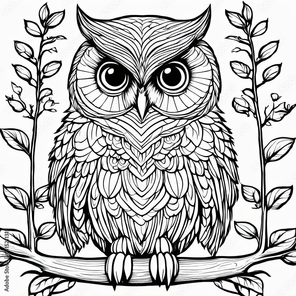 Obraz premium A line art black-and-white illustration of a cute Owl