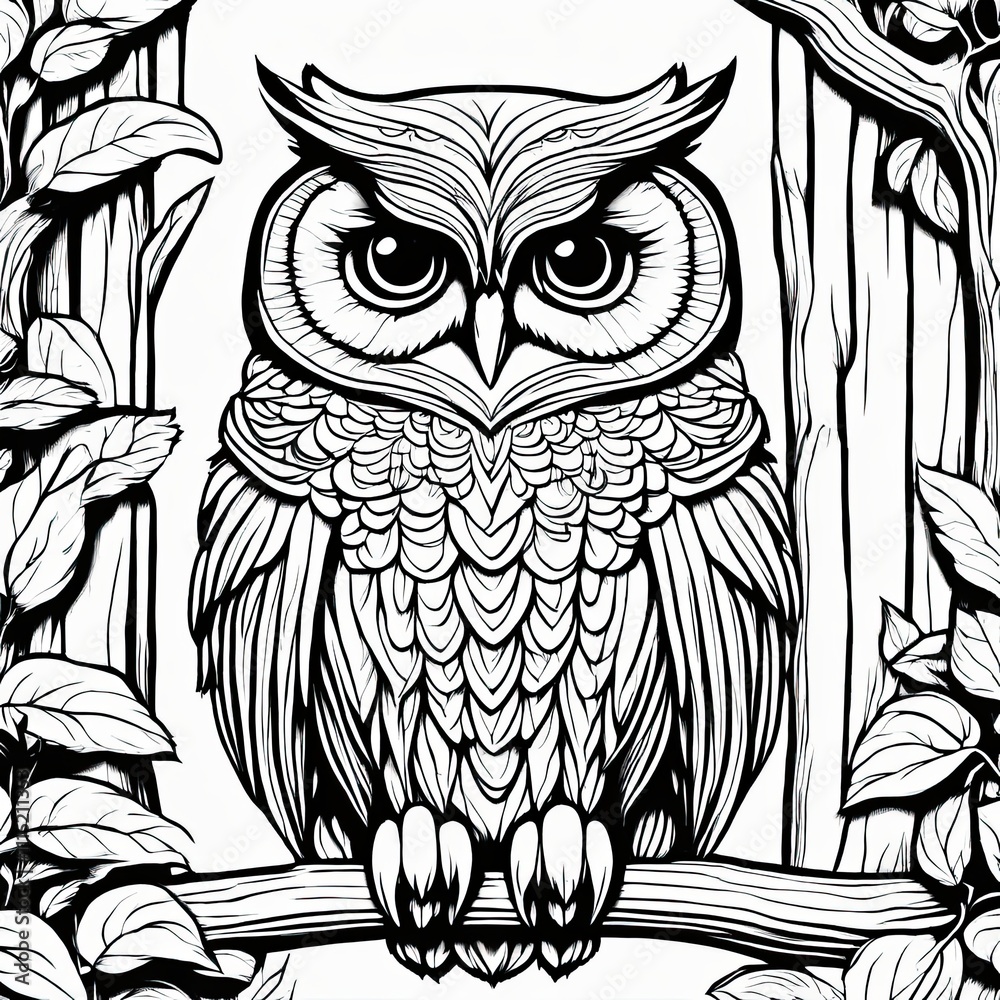 Fototapeta premium A line art black-and-white illustration of a cute Owl