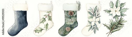 A collection of decorative holiday stockings with festive designs, perfect for Christmas celebrations. photo