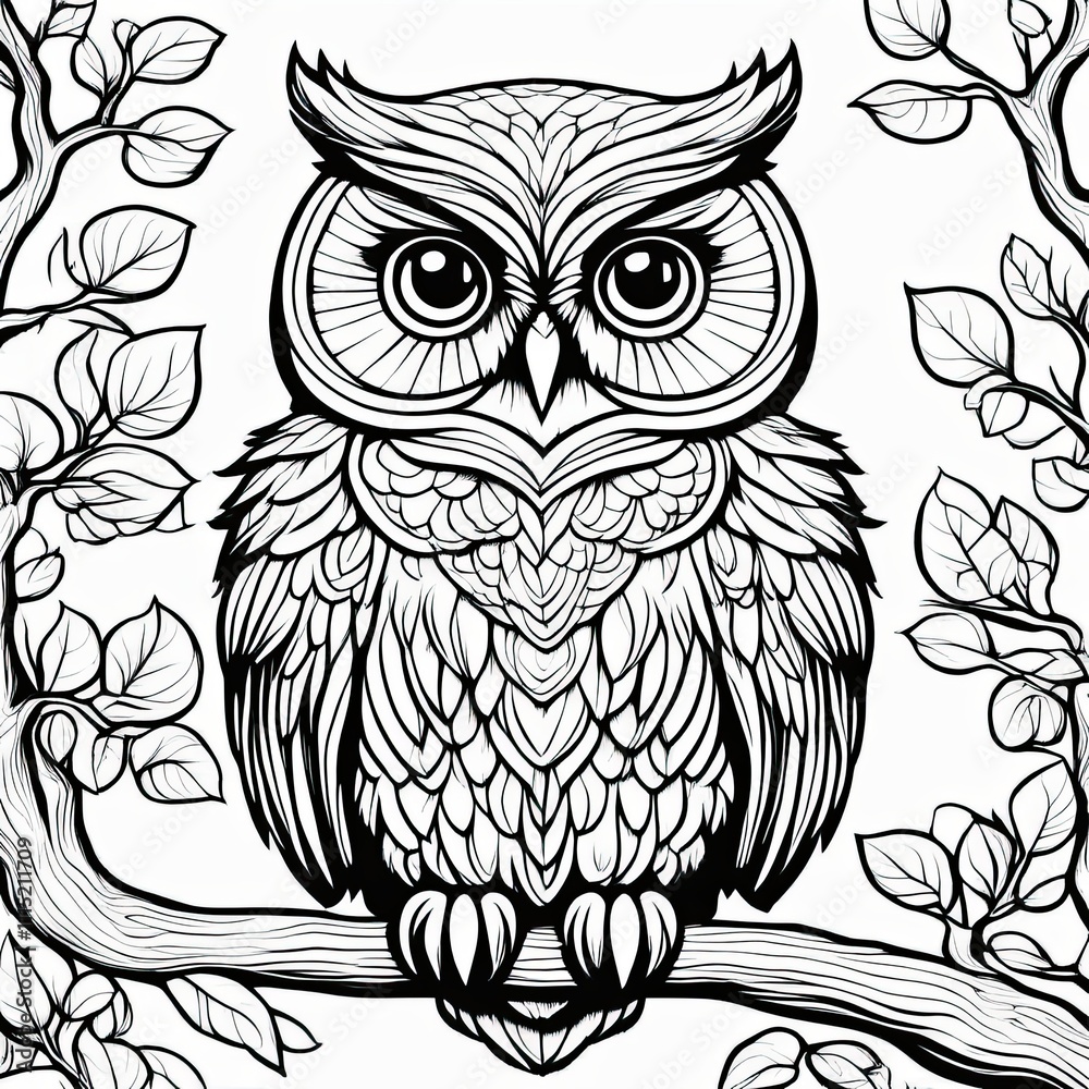 Obraz premium A line art black-and-white illustration of a cute Owl