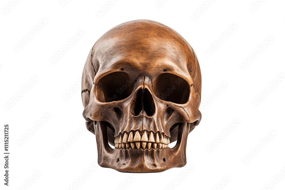 Brown human skull isolated on transparent background. Generative ai