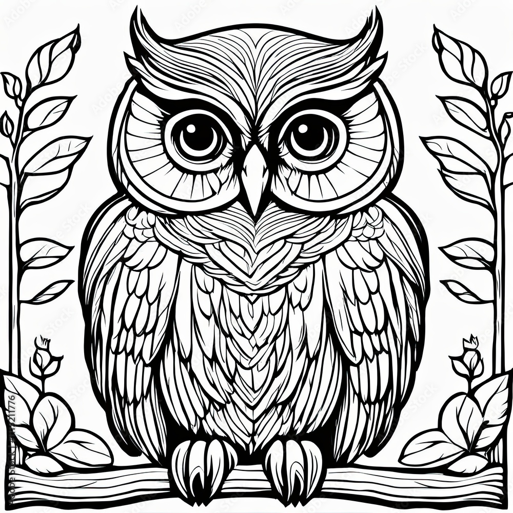 Obraz premium A line art black-and-white illustration of a cute Owl