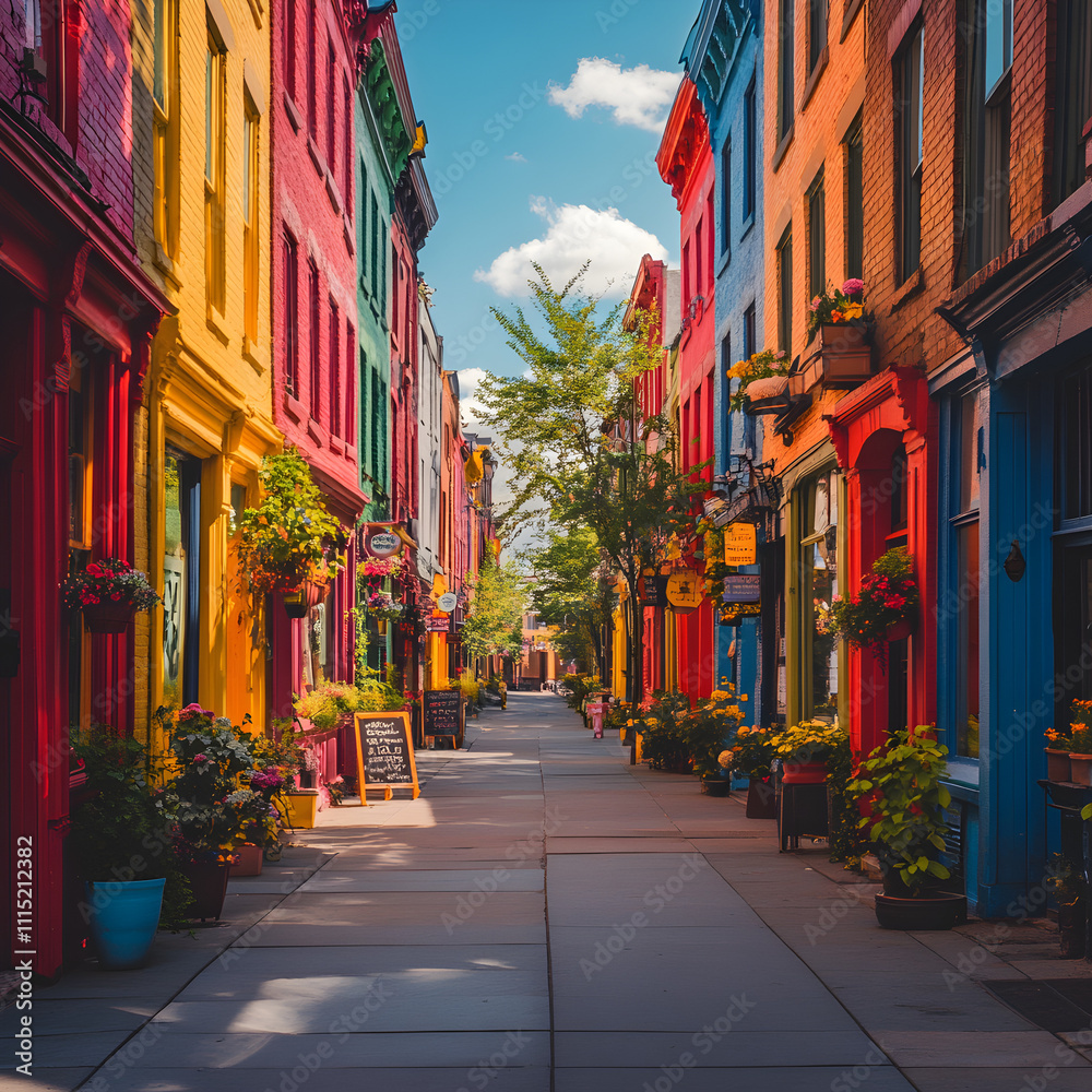 Fototapeta premium Colorful Street Vibrant Buildings Cityscape Alleyway Flowers