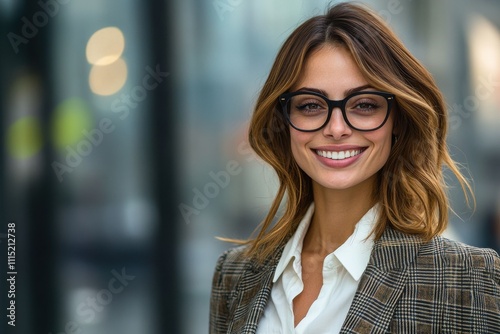 Professional woman cheerful smile, black-framed glasses brown hair white blouse plaid blazer urban background photo