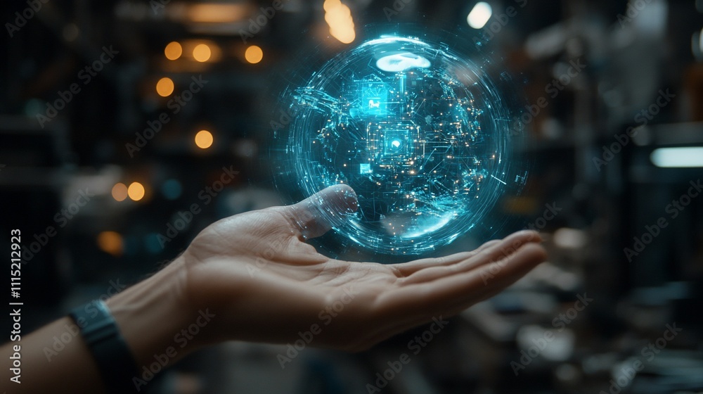 Fototapeta premium Holographic earth globe in hand, futuristic technology, virtual reality.