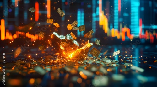 An asset liquidity scene with a golden sculpture shattering into coins, each plece converting instantly to glowing cash, under a dynamic stock market display photo