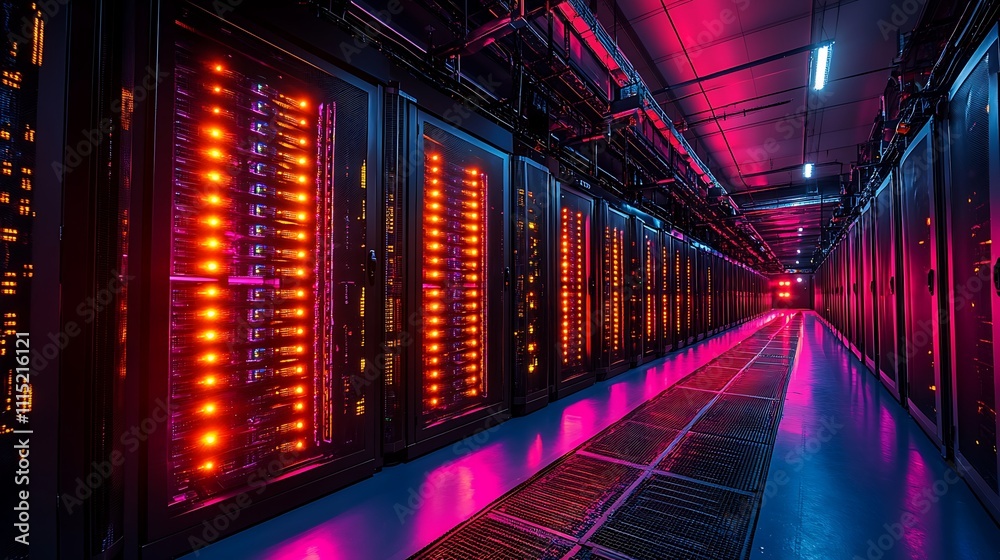Obraz premium Vast Bitcoin Mining Farm Showcasing Rows of Powerful Mining Rigs and Equipment