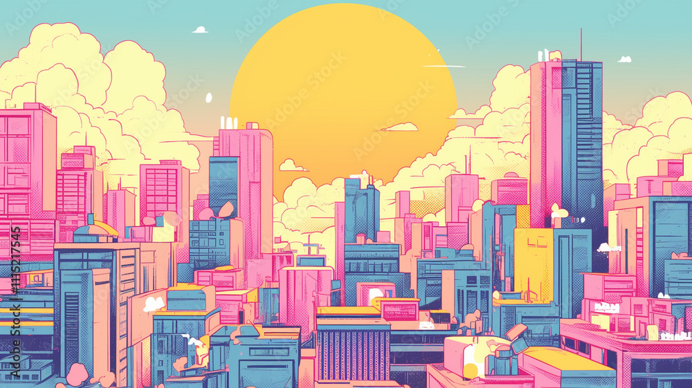 Obraz premium 太陽と都会のポップなデザインイラスト,仕事,ファンシー,ノスタルジー,アニメ