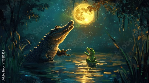 Nocturnal Harmony: Alligator and Frog Under the Moon's Glow