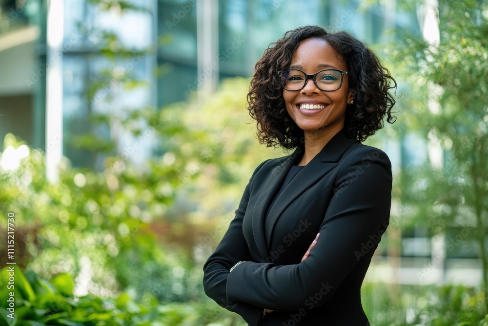 Professional woman joyful expression holding tablet outside modern glass building sunlit business attire beige blazer curly hair Professional woman joyful expression holding tablet outside modern glass building sunlit business attire beige blazer curly hair