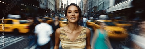 a beautiful woman walking confidently through a bustling crowd in New York City. She is wearing a stylish high fashion dress, blending modern elegance with professional flair.  photo