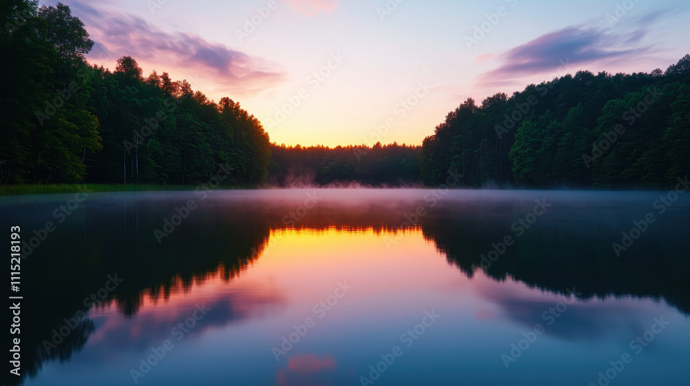 natural transpiration process concept. Serene lake at sunrise with fog and trees reflecting beautifully natural transpiration process concept. Serene lake at sunrise with fog and trees reflecting beautifully