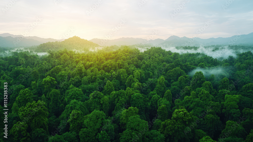 Fototapeta premium natural transpiration process concept. forest canopy at dawn with mist rising softly